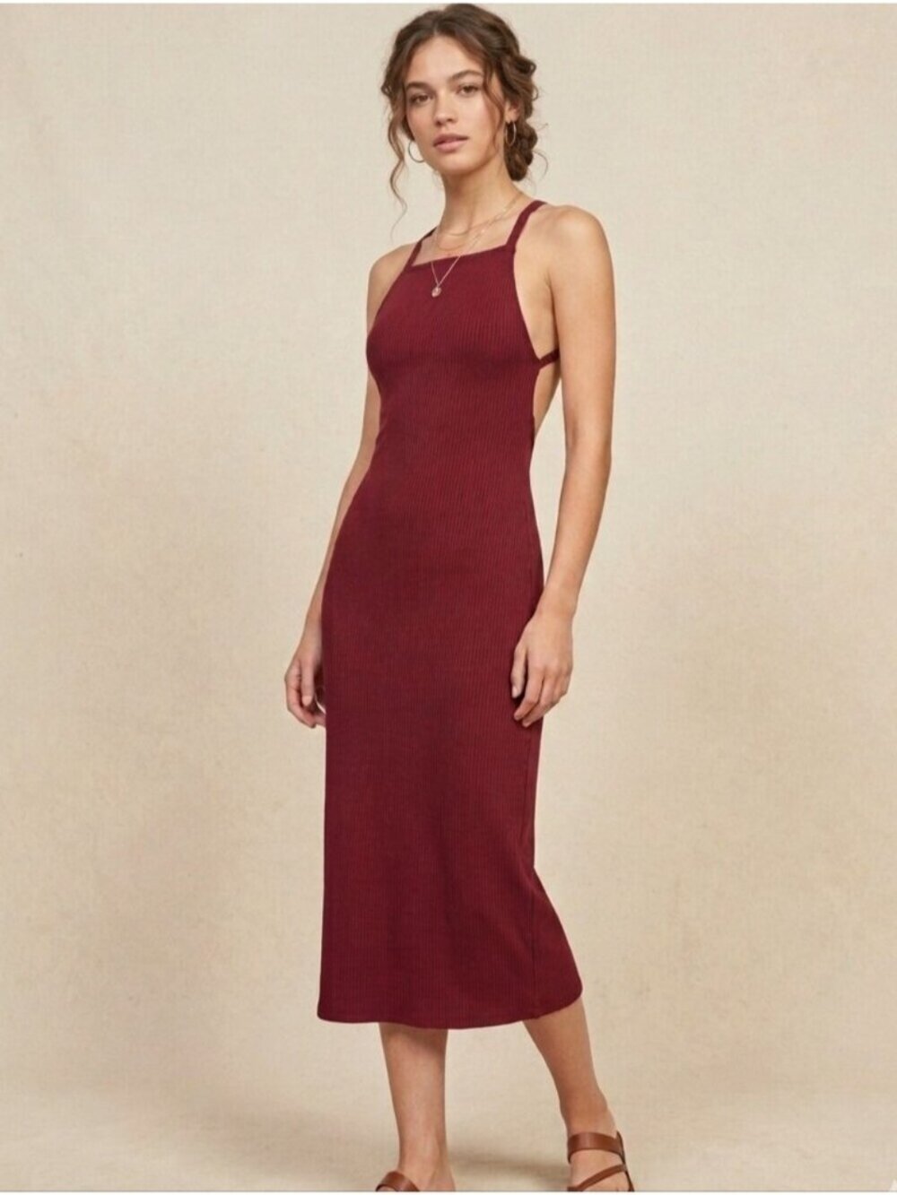 Reformation Red Ribbed Stretchy Midi Dress Size Large Sleeveless Tank Date Dress